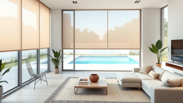 Modern living room with smart window treatments in Austin.