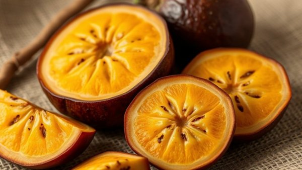 Whole and sliced monk fruit showcasing texture on neutral background.