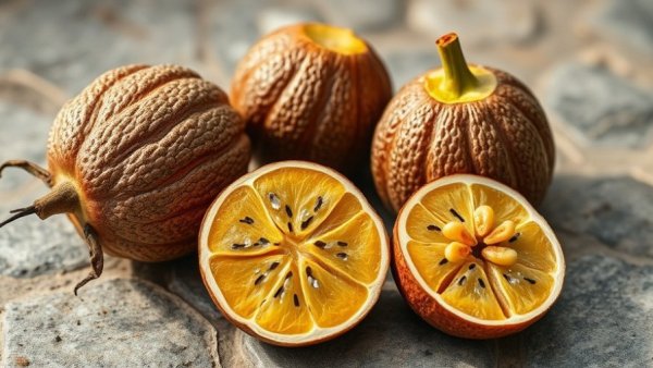 Whole and sliced monk fruit on textured surface benefits of monk fruit.