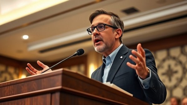 Confident speaker addressing audience, Texas A&M University ethics course canceled, indoor event.