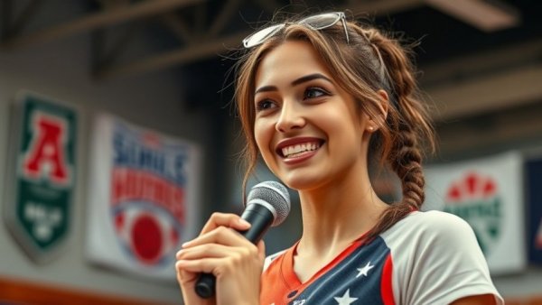 Engaging video content analysis: woman in sports setting with microphone.