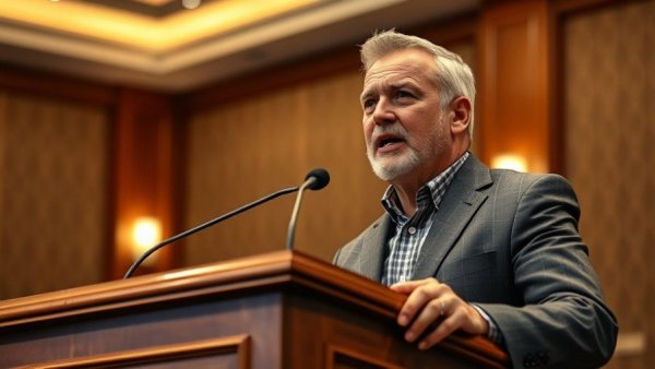 Man speaking at podium in conference room, Texas A&M ethics course cancellation discussion.