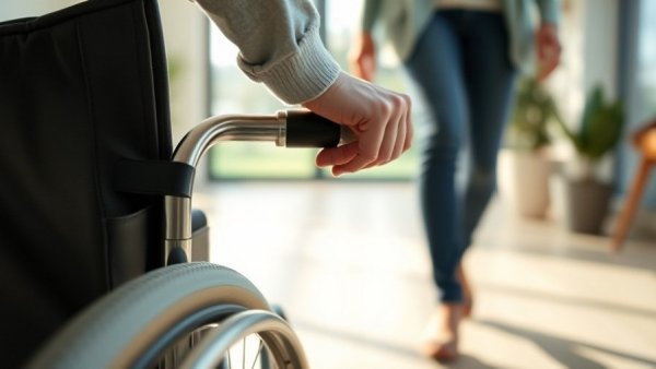 Caregiver assisting wheelchair user indoors, symbolizing hospital at home programs.