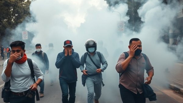 Protest scene enveloped in smoke, people in distress, national news headlines.