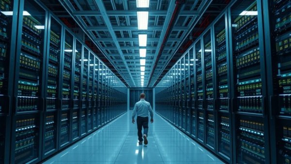 San Marcos data center project corridor with servers and person.