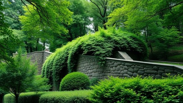Brackenridge Park's lush stone structure along riverbank, serene setting.