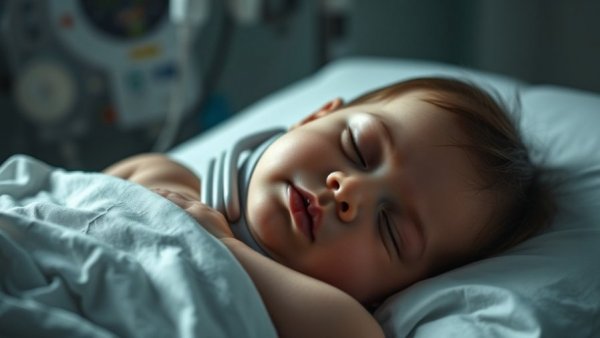 Toddler with neck brace in hospital, serene setting.