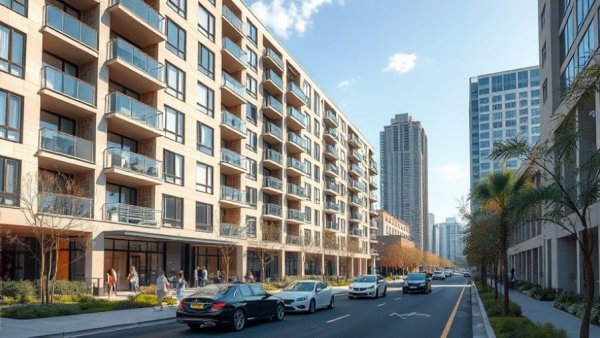 Apartment complex for affordable housing development in Houston with people and cars.