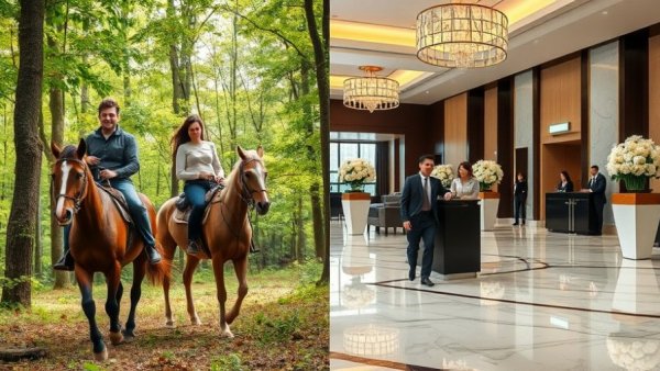 Houston area hotels prepare for the World Cup: split-view of riders and hotel lobby.