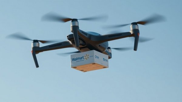 Walmart drone delivery in Houston flying with a package.