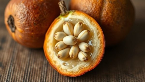 Monk fruit and seeds on a brown surface illustrating monk fruit health benefits.