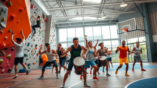 Playful workouts through bouldering, drumming exercises, and basketball.