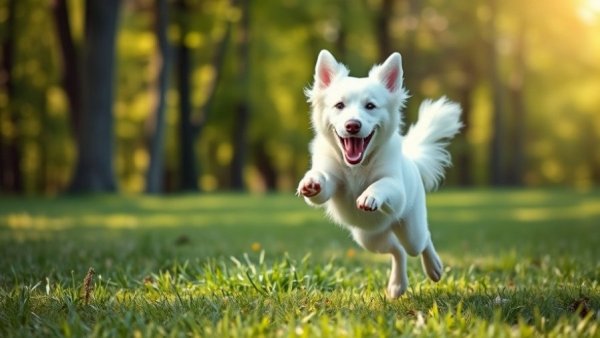 Energetic dog leaping in a sunny San Antonio dog park.