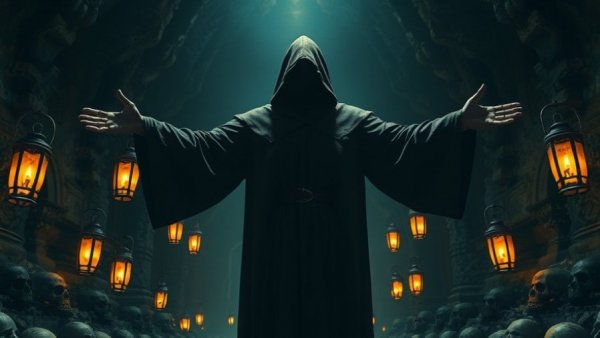 28 Years Later: The Bone Temple, eerie robed figure in skull-filled temple.