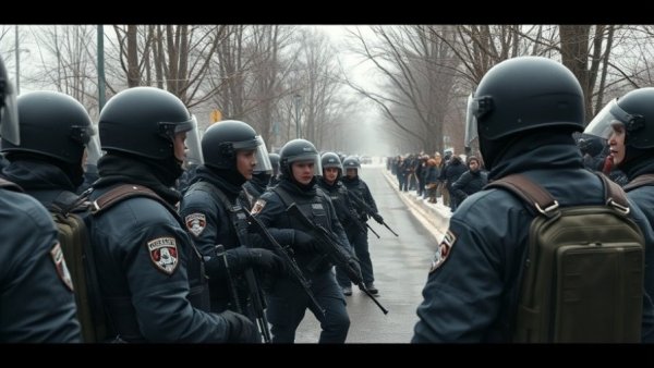 Anti-ICE protests with police in tactical gear facing crowd.
