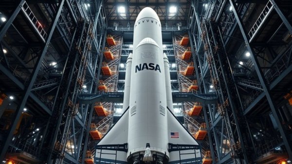 NASA moon rocket in assembly facility, vertical view.