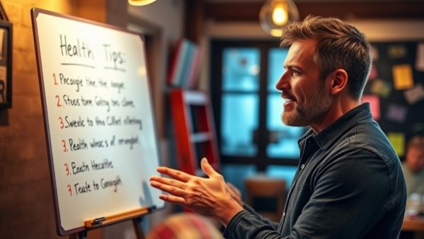 Mental wellness presentation for seniors, speaker explaining health tips indoors.