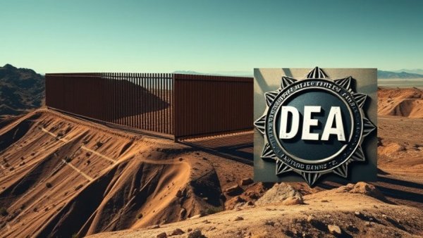 Record fentanyl meth busts highlighted with border fence and DEA badge.