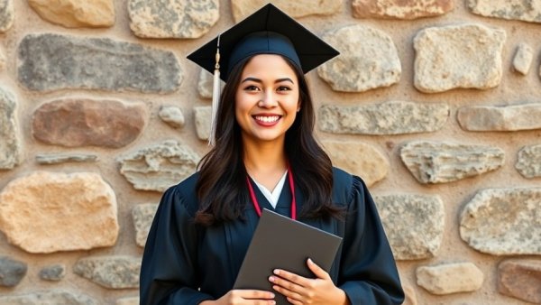 Graduate in gown holding diploma, smiling against stone wall. Mistaken Deportation of College Student.