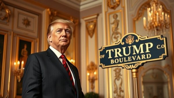 Trump Boulevard sign with Former President, ornate background