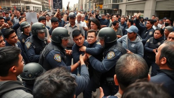 Immigration protests Minnesota, crowd observes detention in urban street.