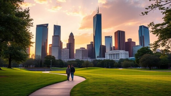 Houston skyline at sunset with park, capturing Houston inflation rate 2025.