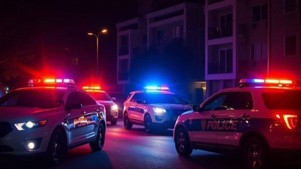 US news scene with police vehicles and flashing lights at night.
