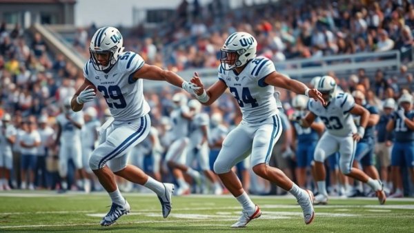 College football moment, player making a dynamic play, bright stadium lights.