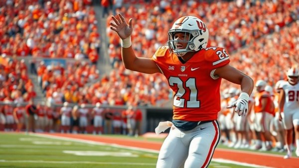 Miami College Football player celebrates interception with crowd.