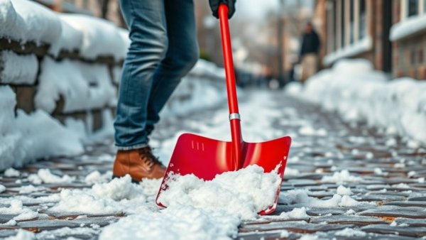 Snow removal in New Jersey: person shoveling snow on a cobblestone path.