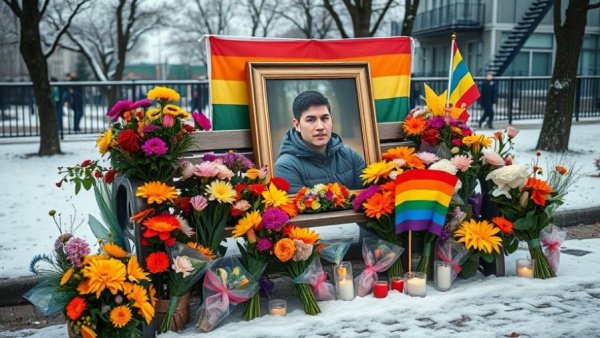 Memorial with flowers and rainbow flag on a bench for breaking US news.