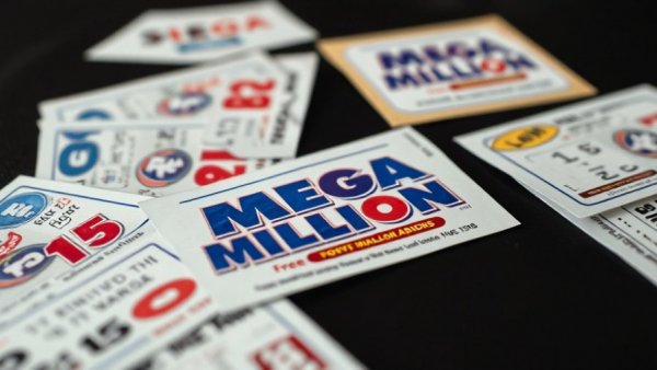 Close-up of Mega Millions tickets, potential Texas winner