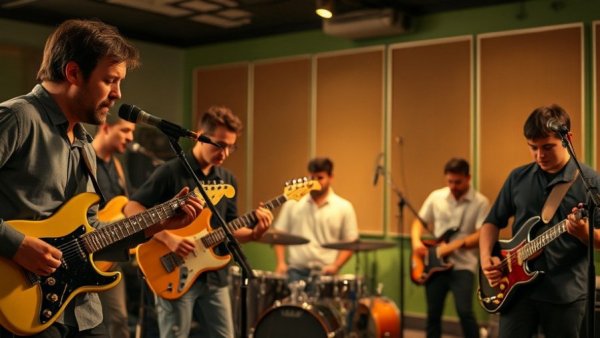 Energetic band playing live music in San Antonio studio.