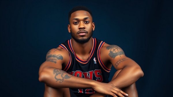Calm NBA player sitting, showcasing tattoos, vibrant studio portrait.