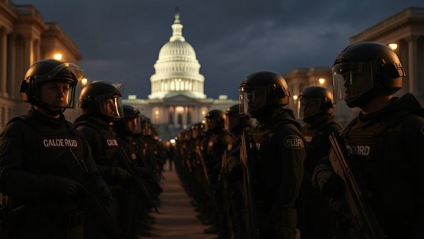 National Guard deployment on January 6 at U.S. Capitol, nighttime.