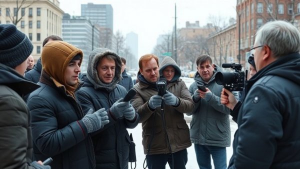 Reporters gathered outside interviewing amid snow, 2028 Democratic Primary States backdrop.