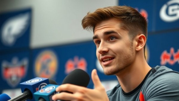 Young man speaking at a press conference about halftime show performer choices.