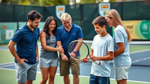 Supportive team with young tennis player at the court, news articles
