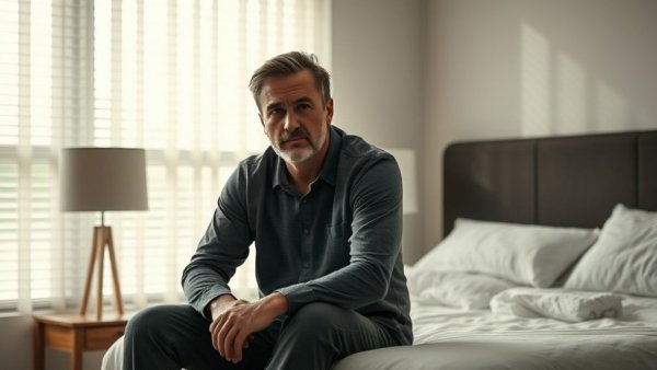 Pensive man in modern bedroom reflecting on household cleanliness conflict.