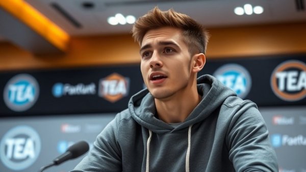 Young man speaking at a press conference for Top Performers for Halftime Shows.