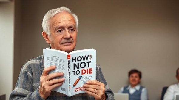 Elderly man promoting 'How Not to Die' book club for seniors' nutrition.