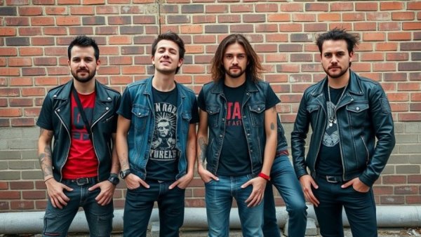 Punk band members against brick wall from NOFX documentary 40 Years of Fuckin' Up.