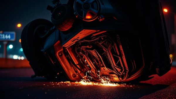 North Freeway rollover crash scene with overturned vehicle at night.