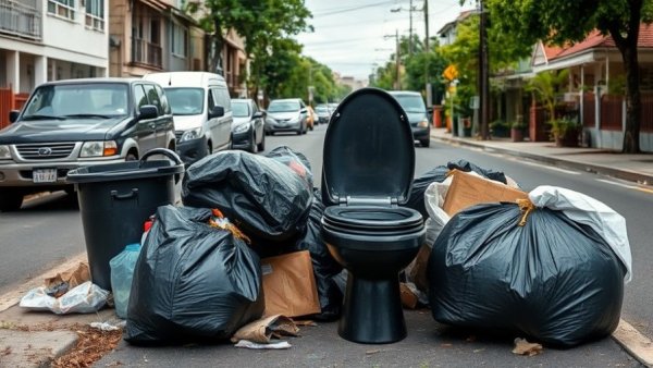 Illegal dumping in Houston: black toilet and trash bags on roadside.