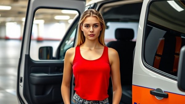 Young woman standing next to a police vehicle in a parking lot.