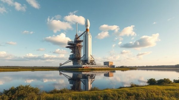 NASA Artemis II rocket on launch pad reflecting on water.