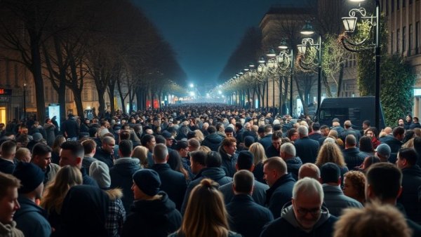 San Antonio local news scene: nighttime crowd gathered outdoors.