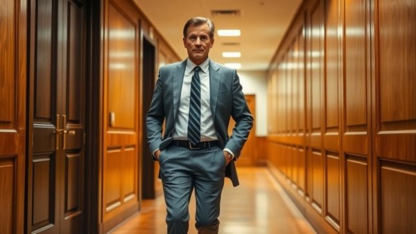 Businessman walking in courtroom hallway during legal issues.