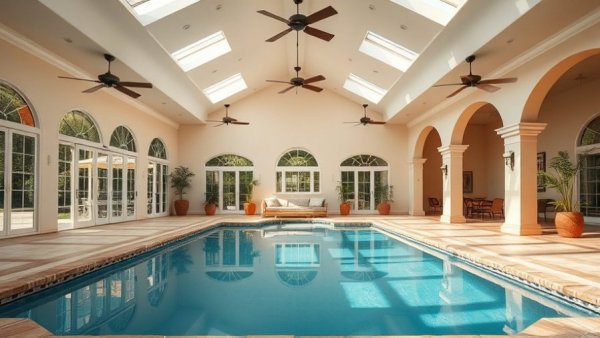 Spacious indoor pool in San Antonio mansion, showcasing luxury and elegance.