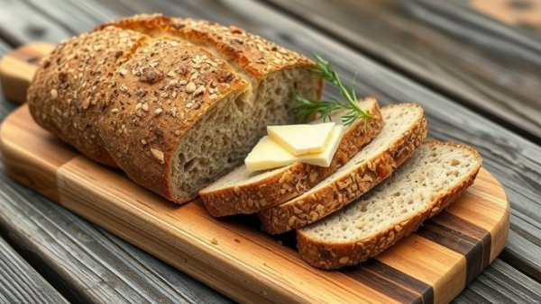 Whole wheat soda bread with butter on a wooden board.